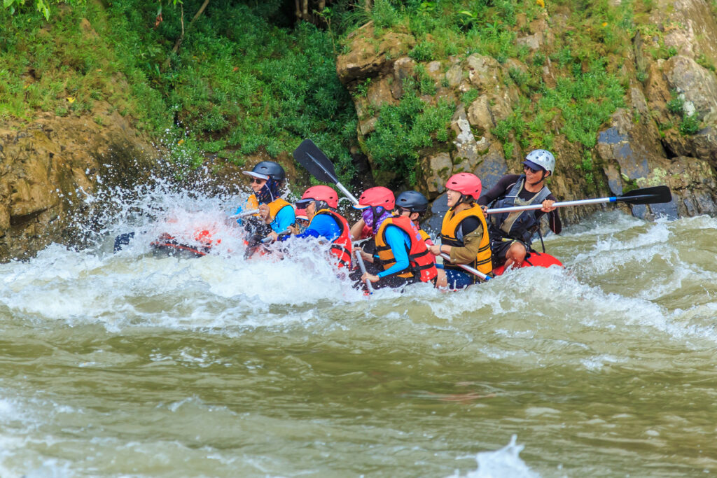 Group of people white water rafting