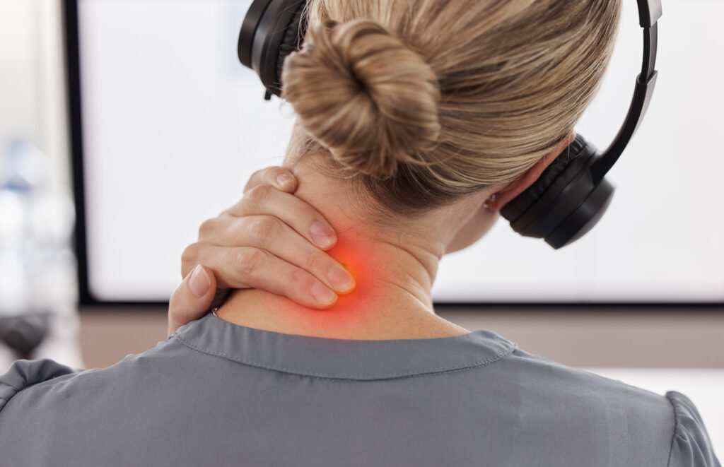Call center, neck pain and injury with business woman in office for inflammation, burnout and stress. Accident, tired and strain with closeup of female employee for emergency, frustrated and problem