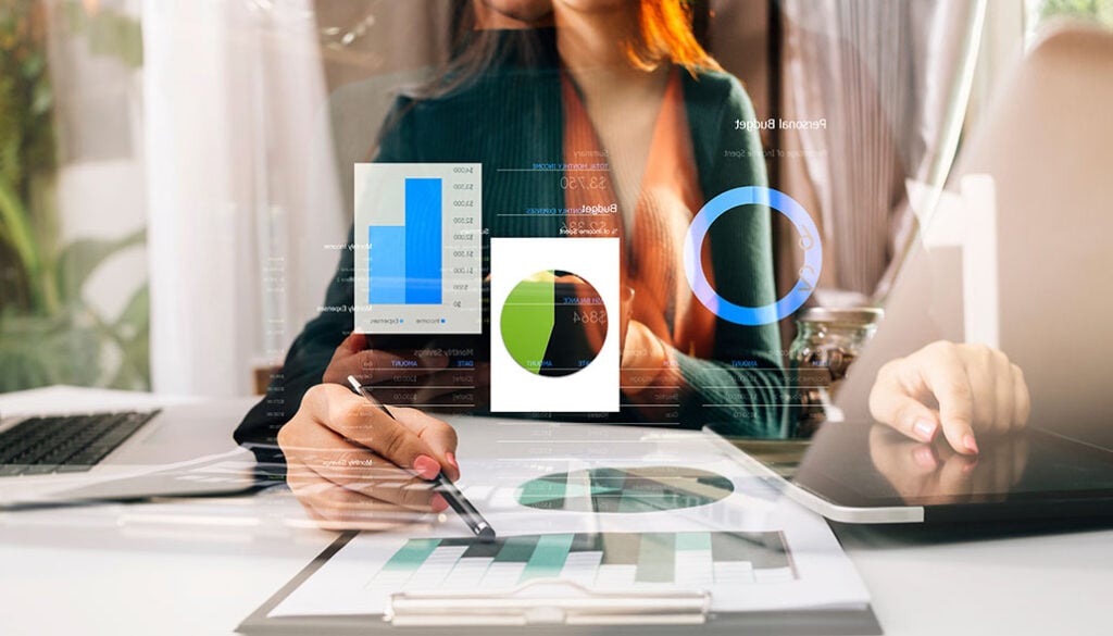 Business person working with smart phone and laptop and digital tablet computer in office with digital marketing media in virtual icon